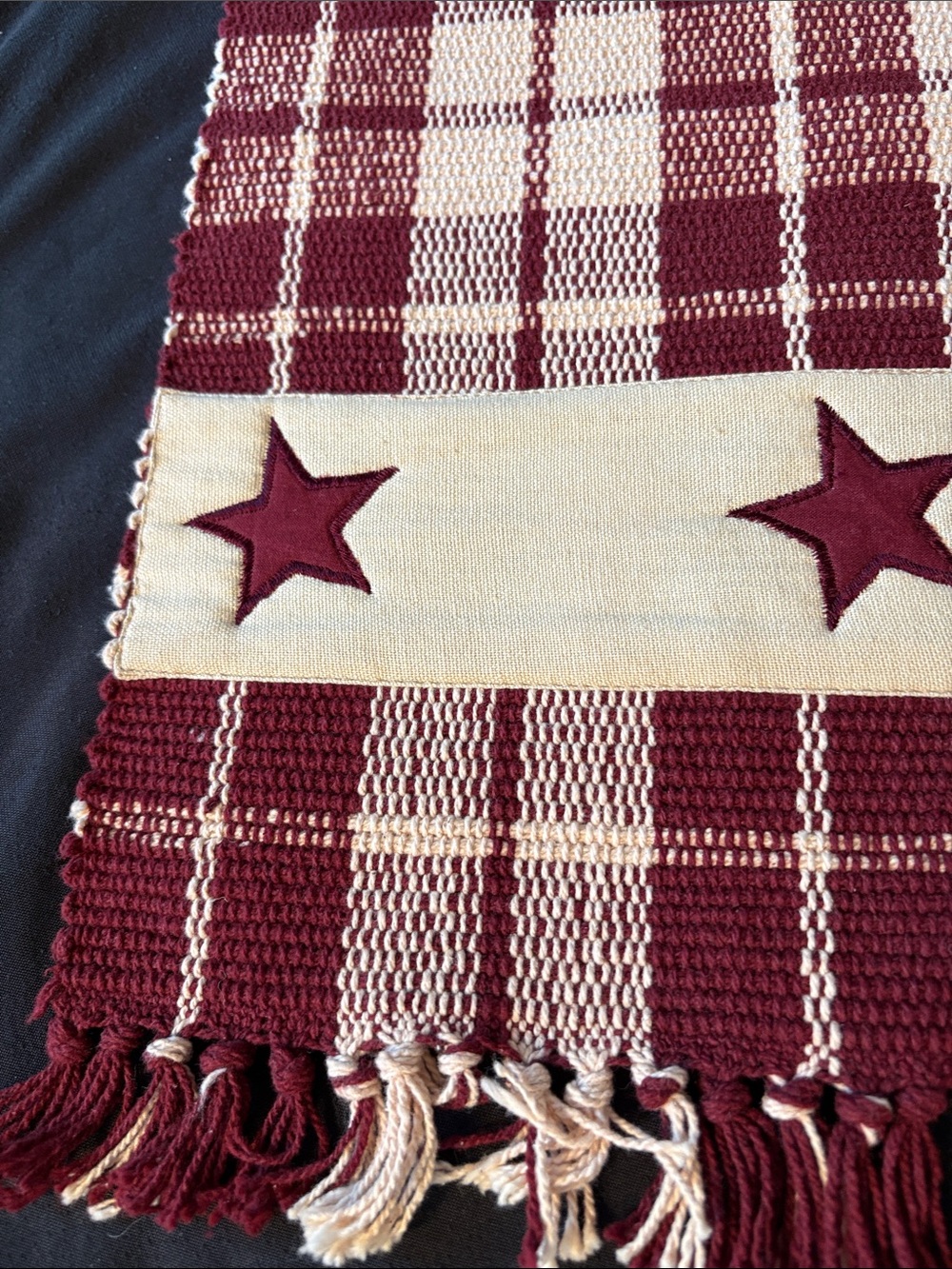 Table Runner- Burgundy and Cream Woven Plaid Runner with Star Applique - Picture 6 of 8
